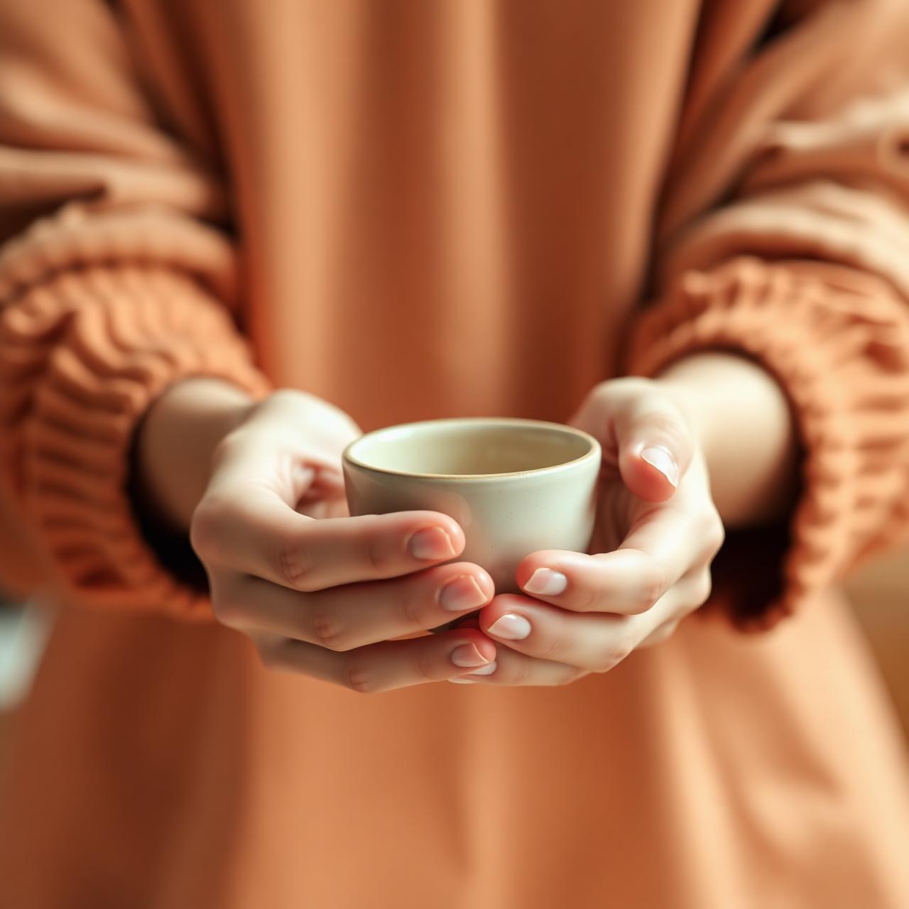 Two hands gently holding a warm ceramic cup
